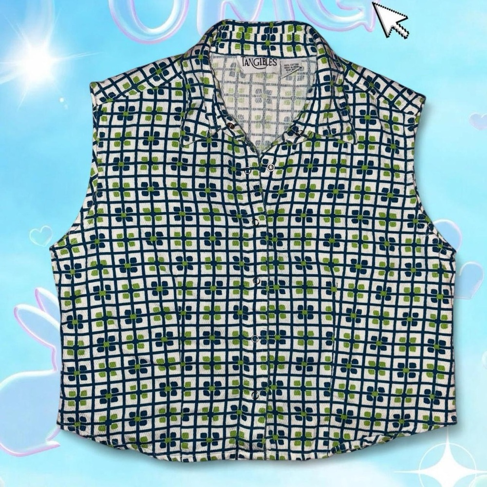 vtg 90s tangibles 100% cotton retro patterned button up vest top, fits like md